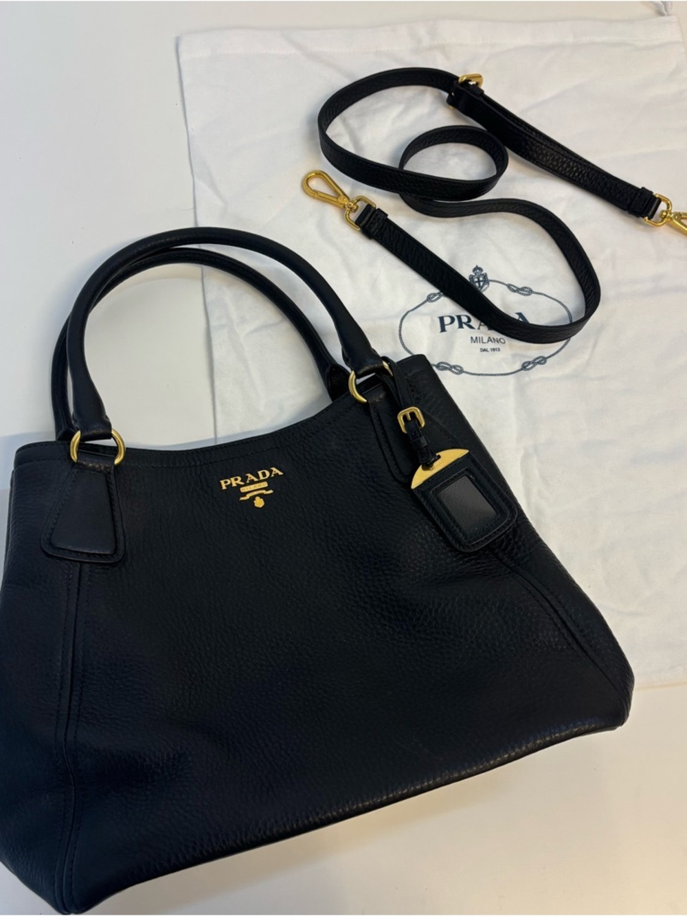 Prada Vitello Daino black leather tote bag